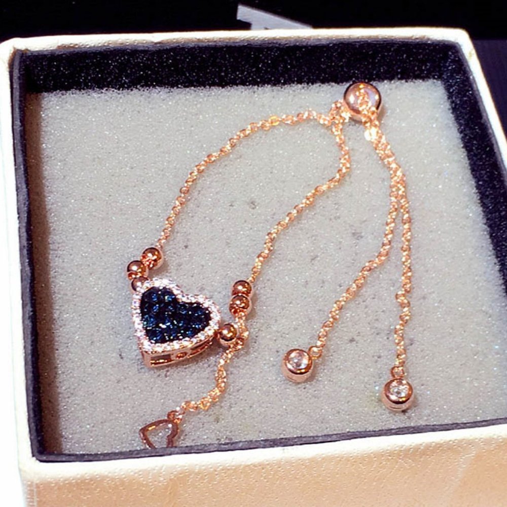 New Rose Gold Plated Blue Heart Drop Halo Bead Bracelet - Picture 3 of 7